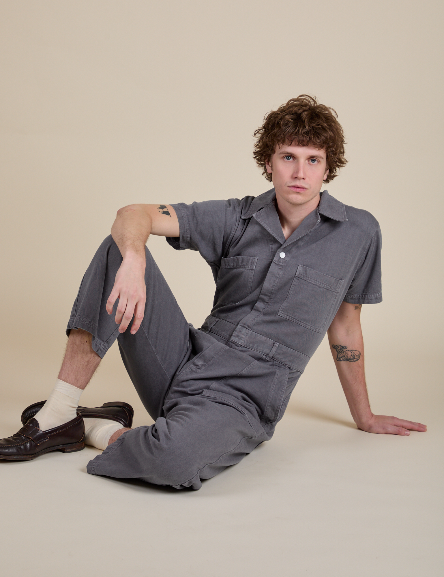 Short Sleeve Jumpsuit in Washed Grey worn by Quinn