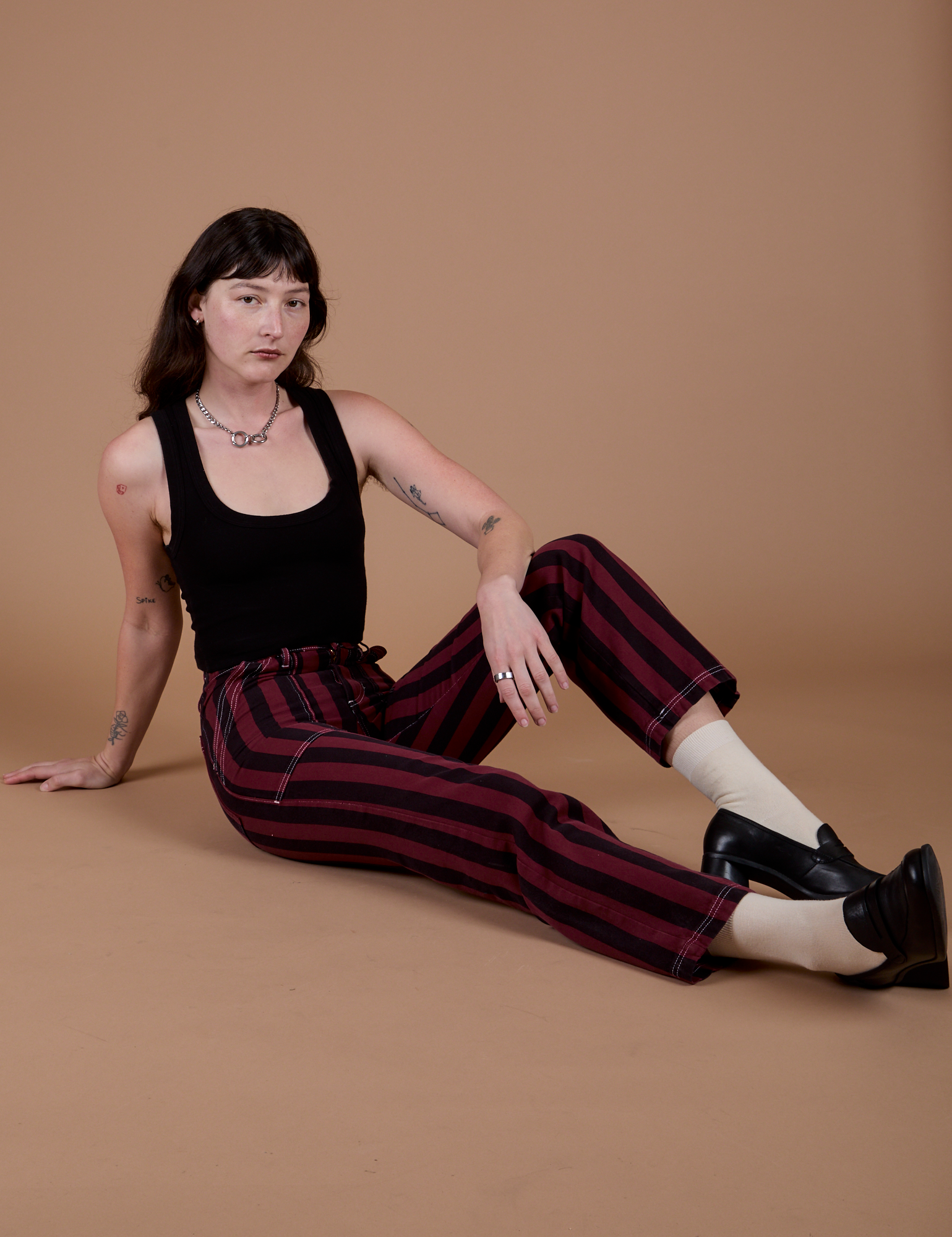 Black Stripe Work Pants - Red Wine