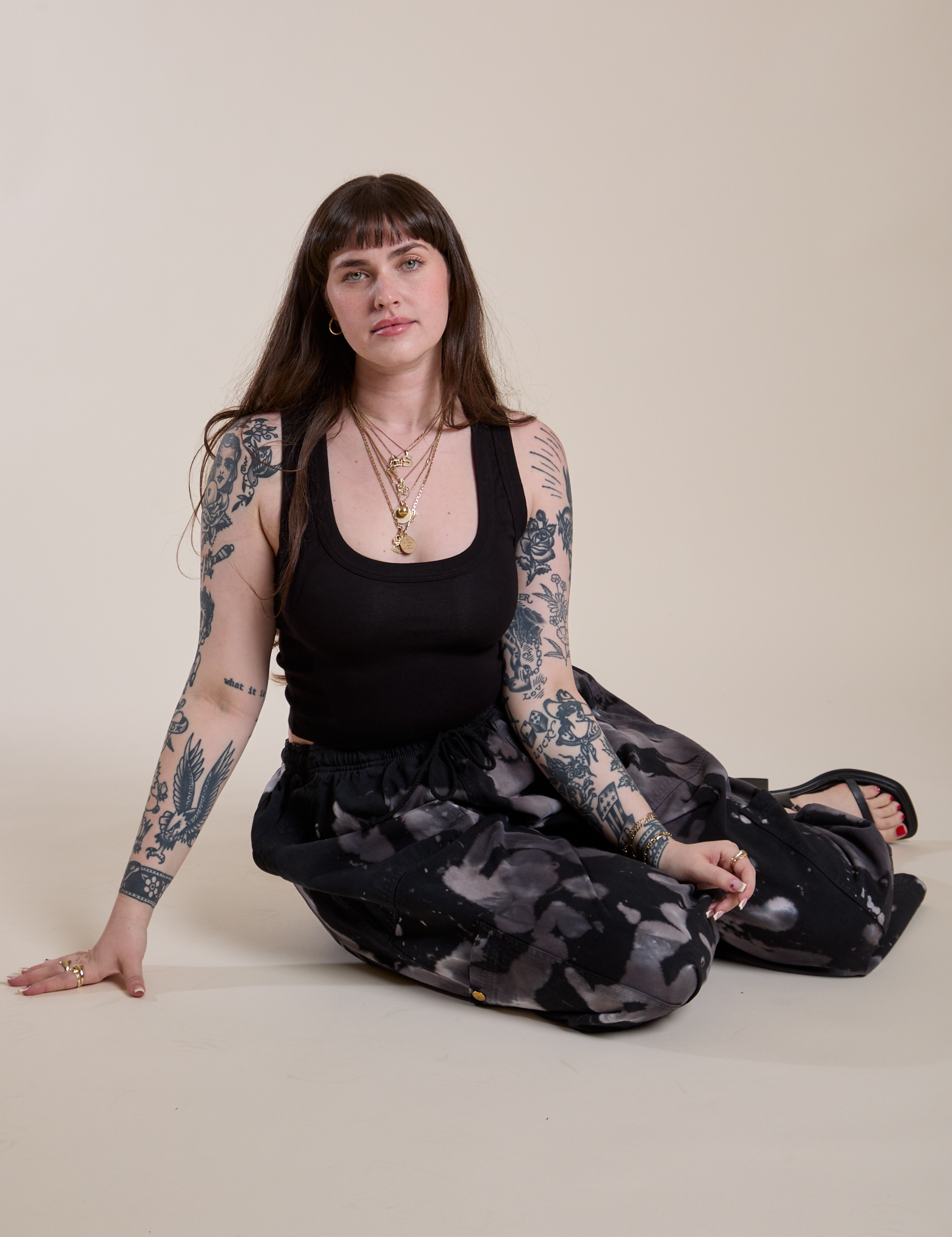 Magic Waters Drop Pocket Pants in Ink Blot and black Cropped Tank on Sydney
