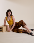 Magic Waters Drop Pocket Pants in Honey Brown and mustard yellow Cropped Tank on Alex