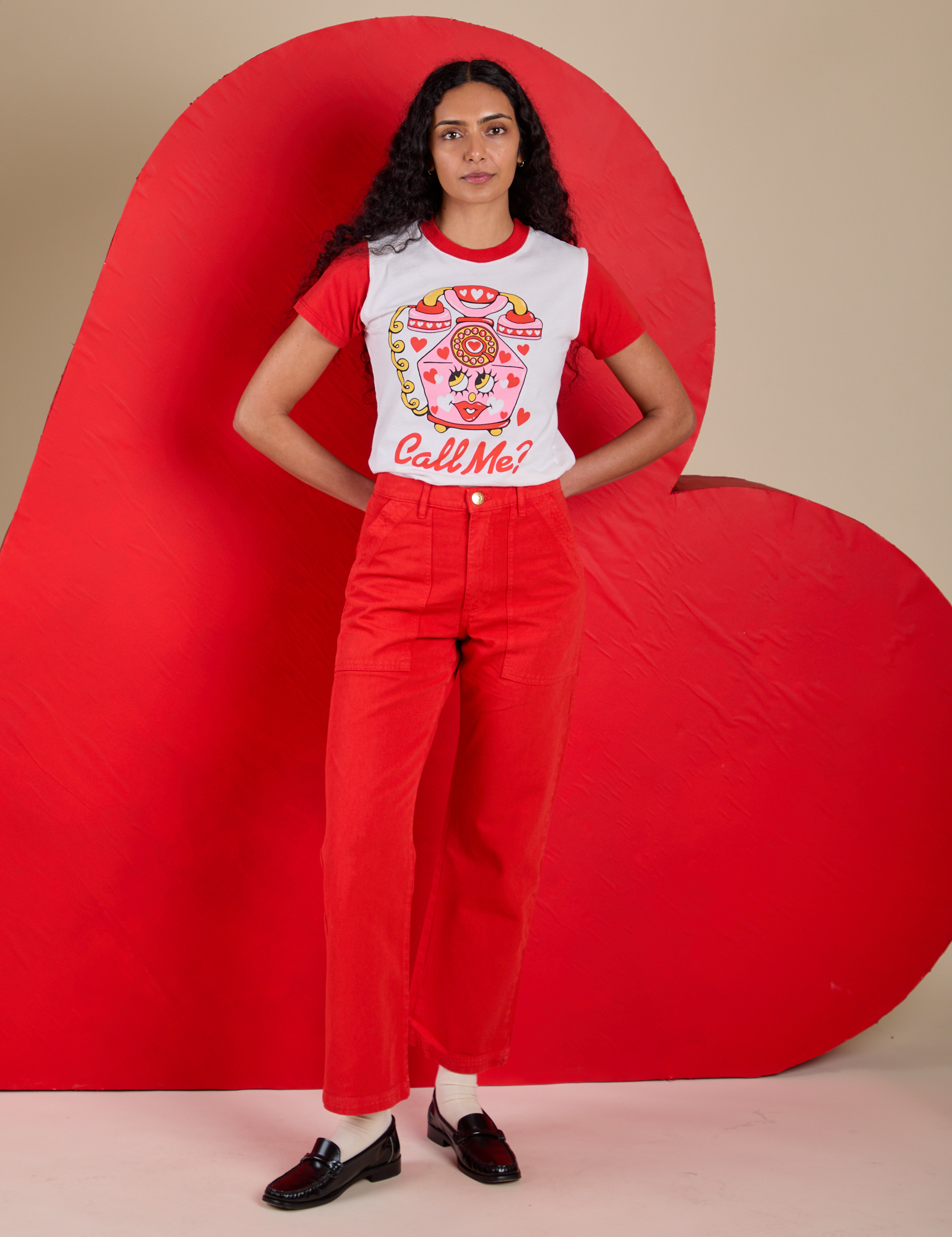 Shahana is 5’10 and wearing P Vintage Tee in Call Me paired with mustang red Work Pants