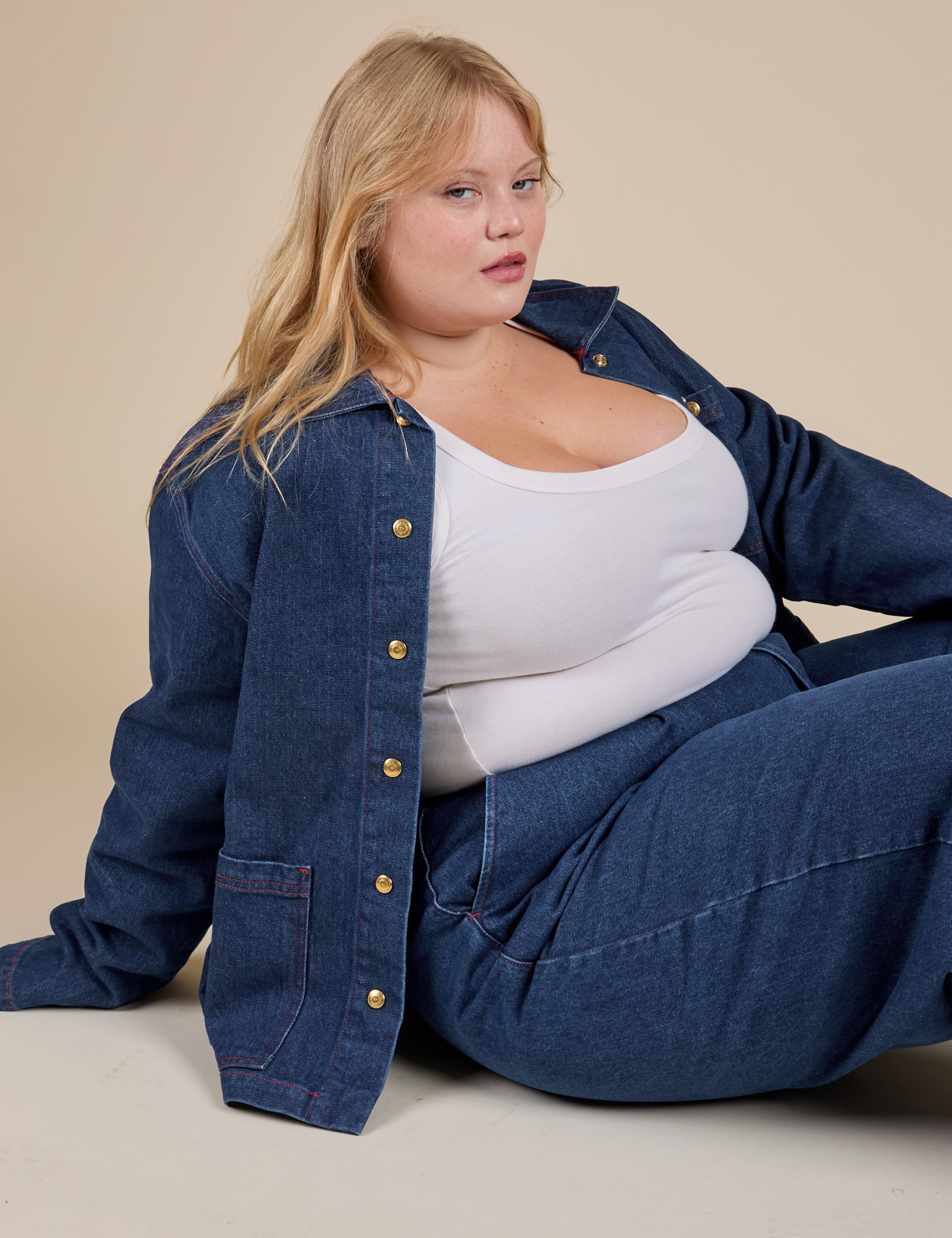 Indigo Denim Work Jacket in Dark Wash on Juliet