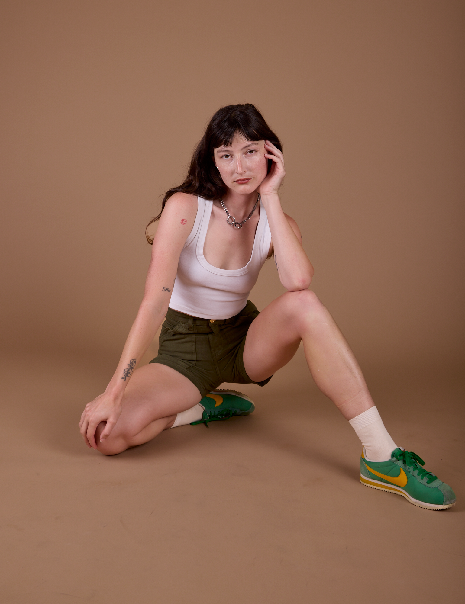 Classic Work Shorts in Surplus Green and Cropped Tank in Vintage Off White on Alex