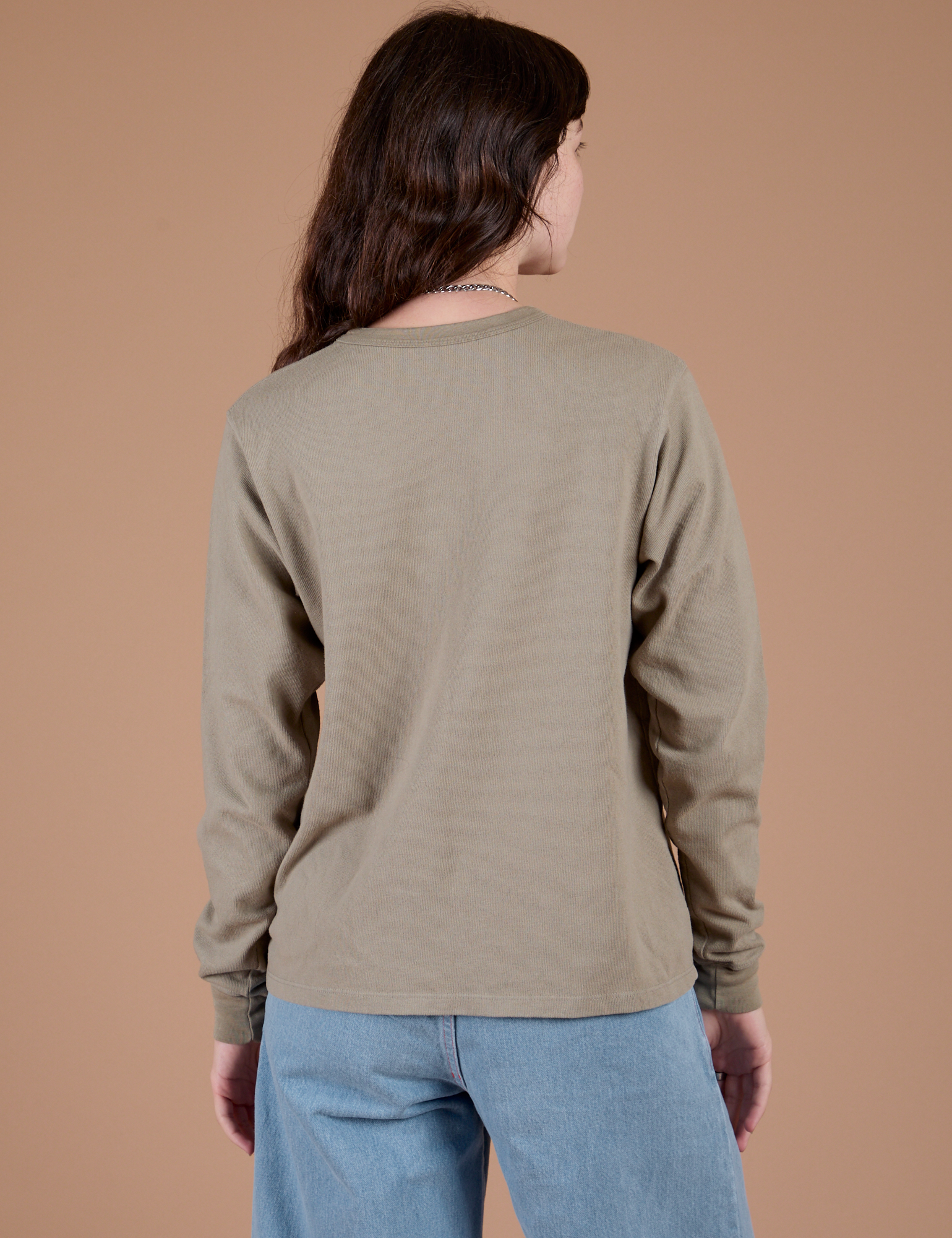 Long Sleeve Burly Tee in Khaki Grey back view on Alex