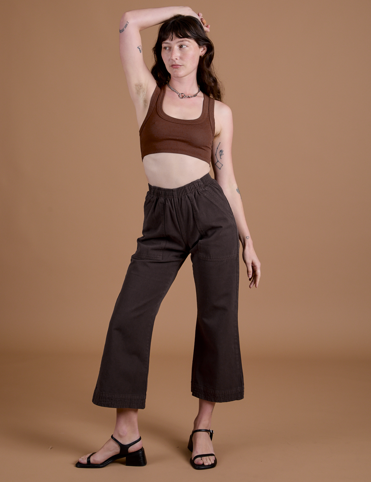 Work Pants in Espresso Brown and Mini Tank in Fudgesicle Brown on Alex
