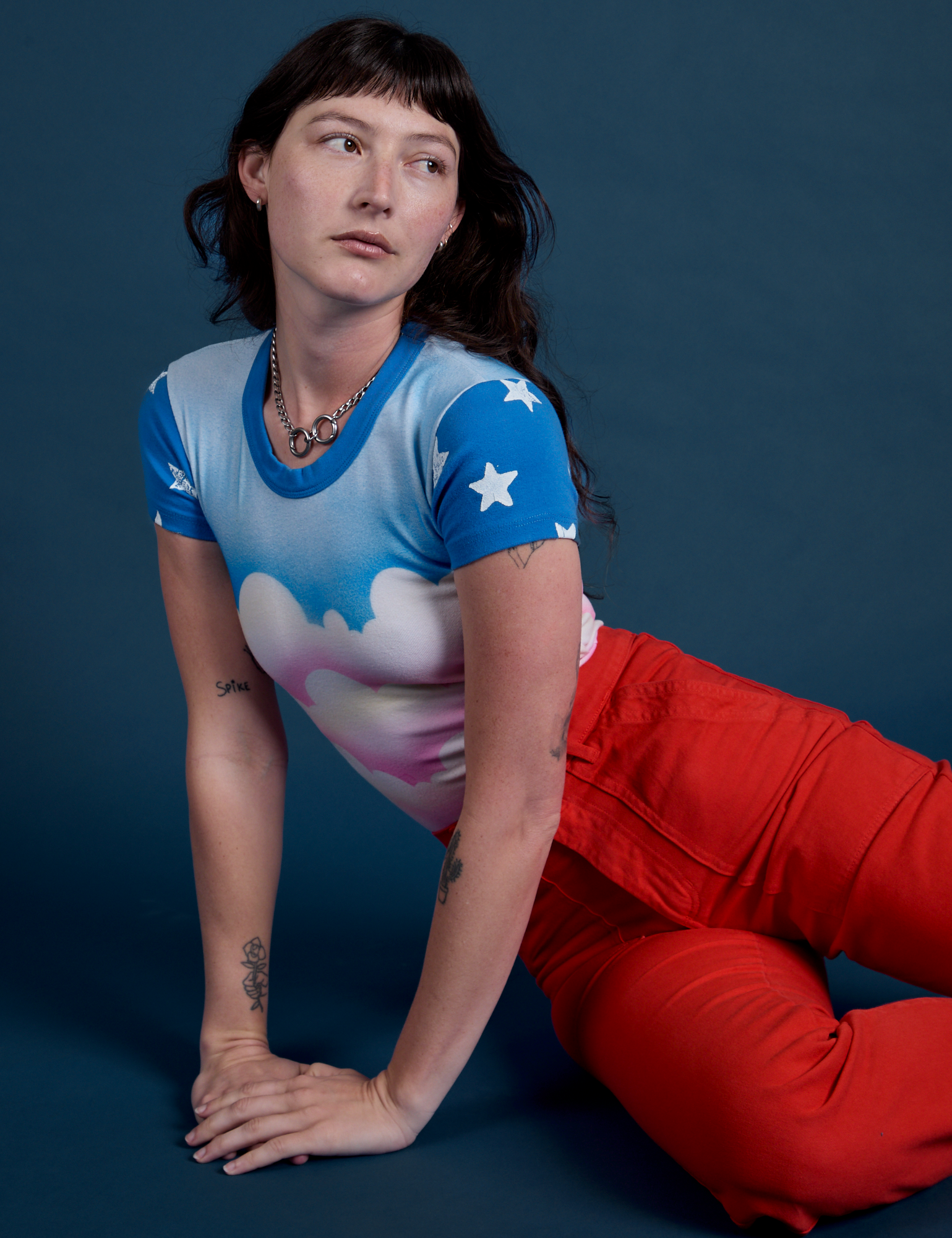 Airbrush Cloud Baby Tee and Work Pants in Mustang Red on Alex
