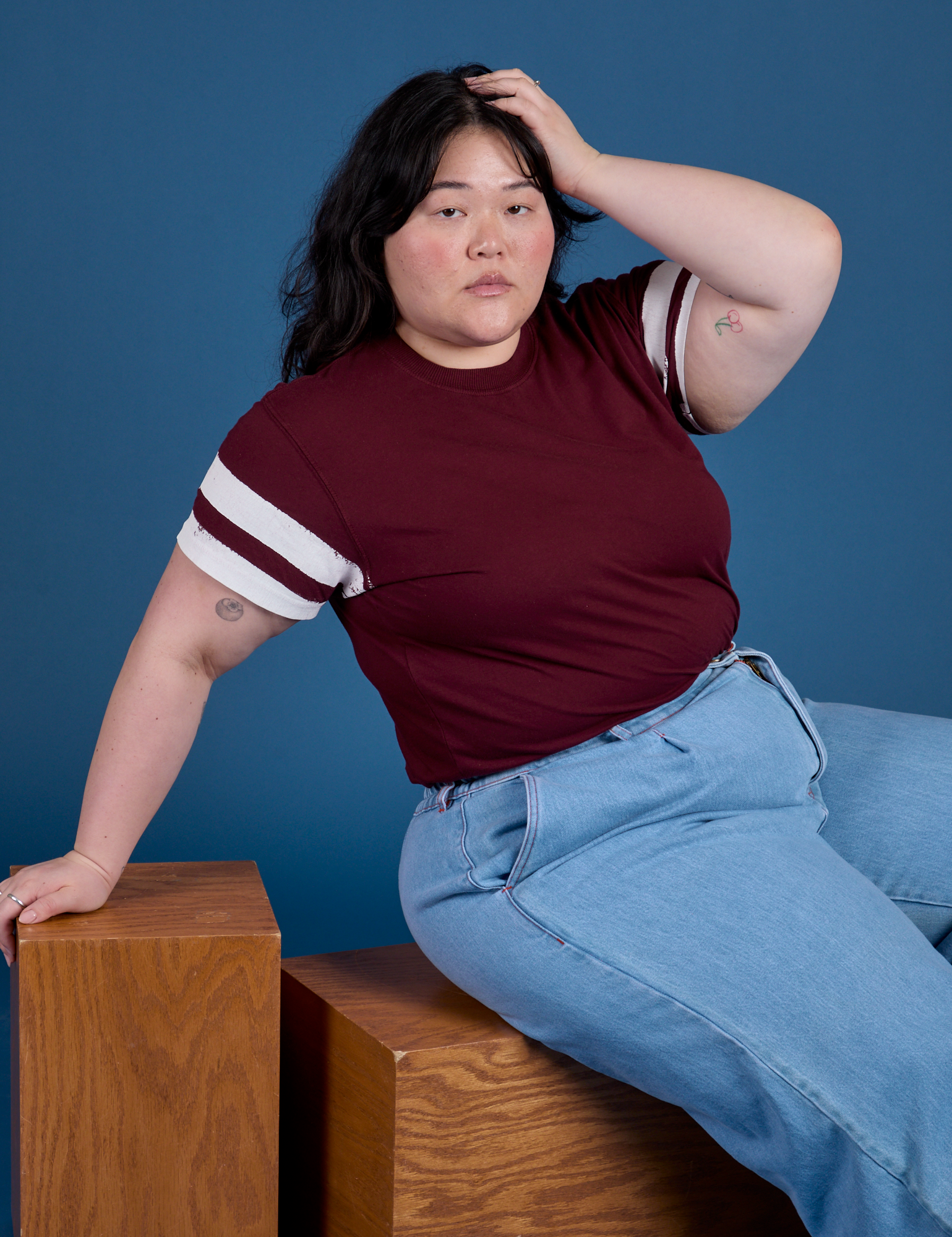Painted Vintage Tee in Red Wine worn by Ashley