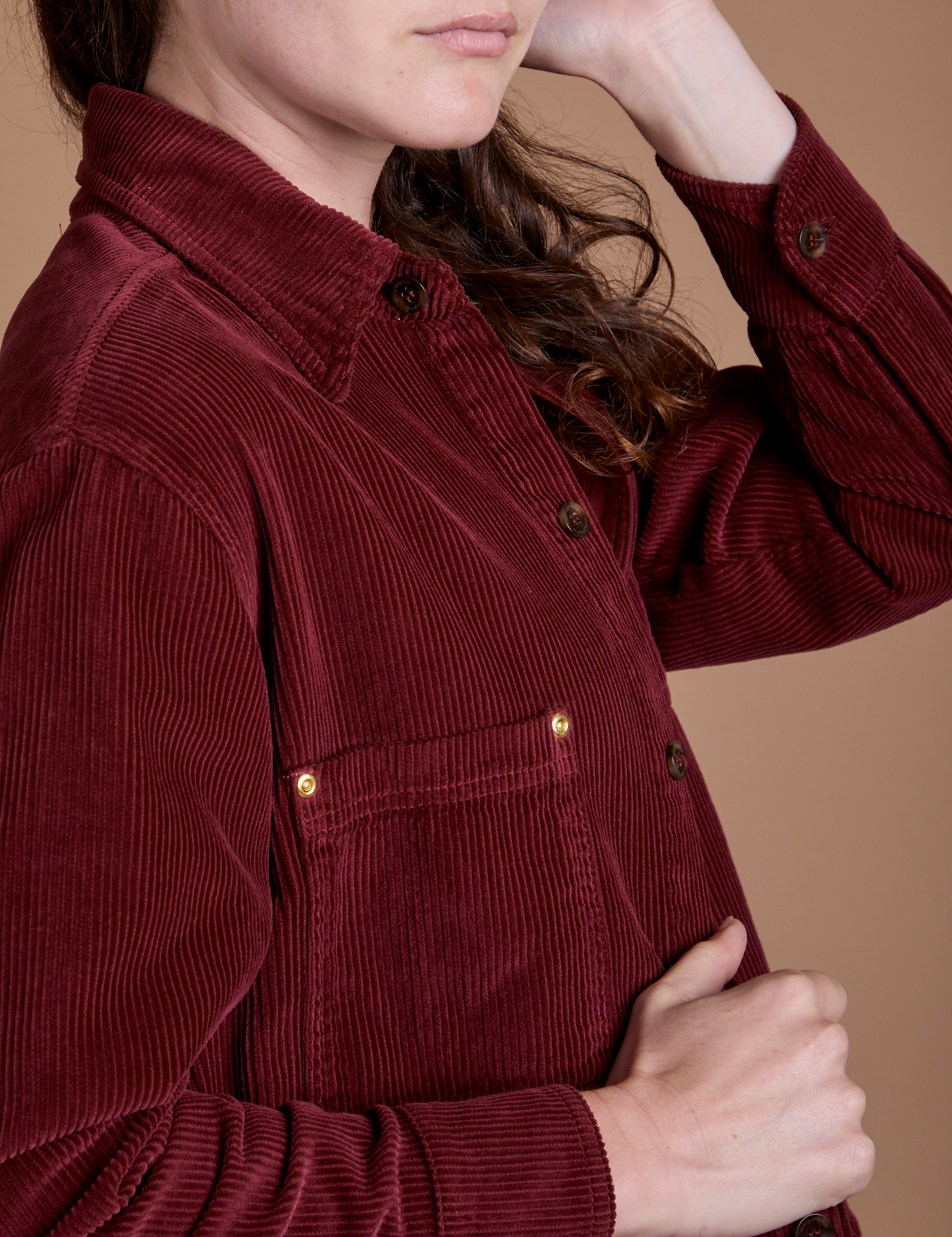 Close up side view of Cropped Corduroy Overshirt in Red Wine on Alex