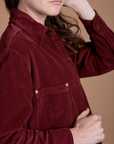 Close up side view of Cropped Corduroy Overshirt in Red Wine on Alex
