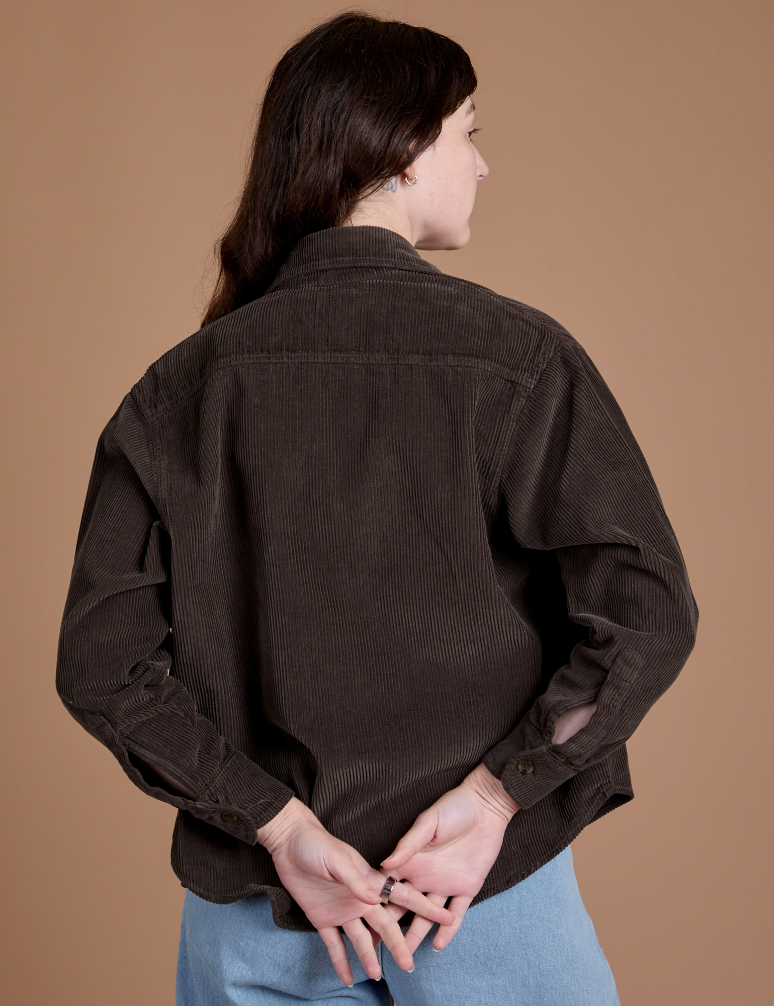 Cropped Corduroy Overshirt in Espresso Brown back view on Alex