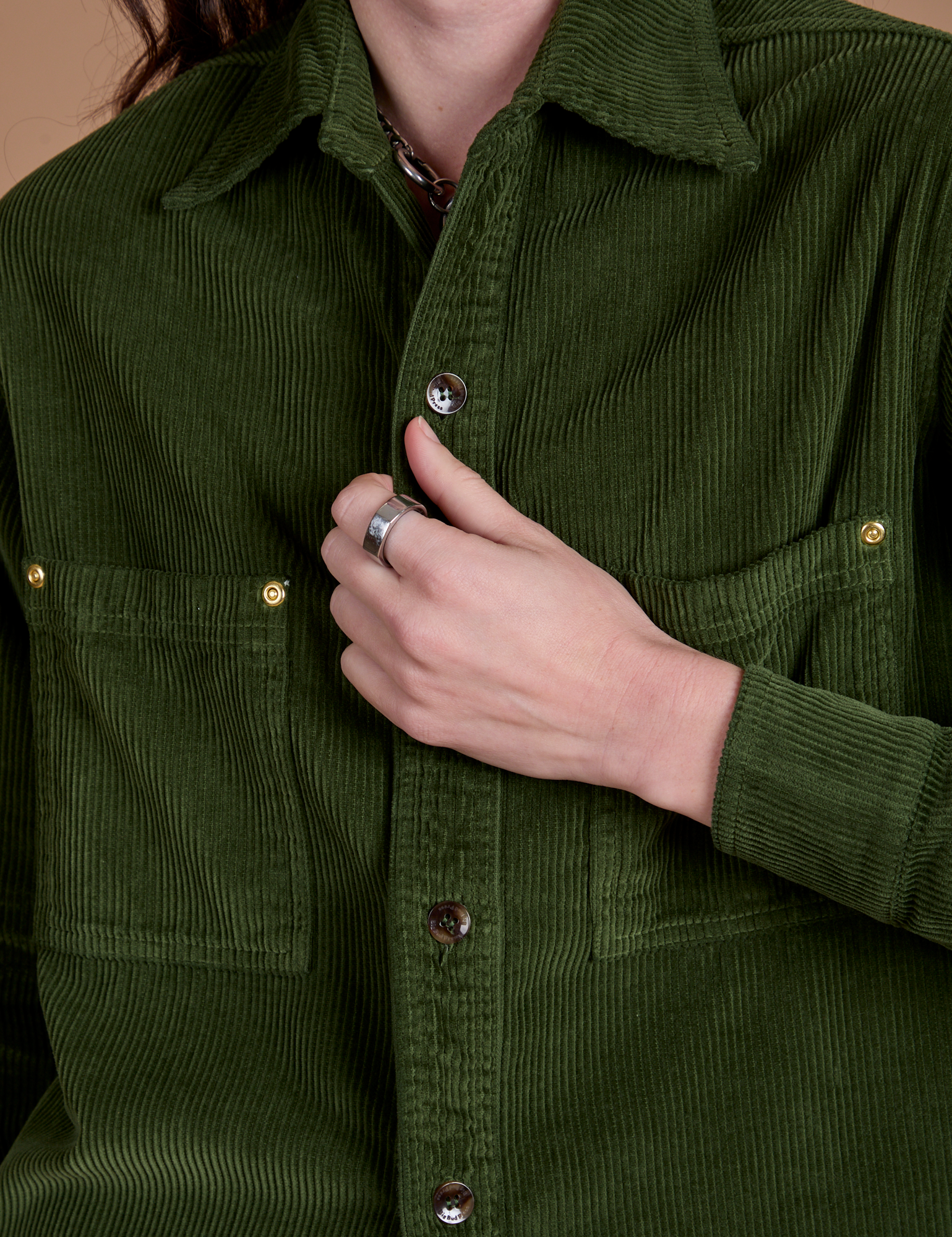 Cropped Corduroy Overshirt in Evergreen front close up on Alex