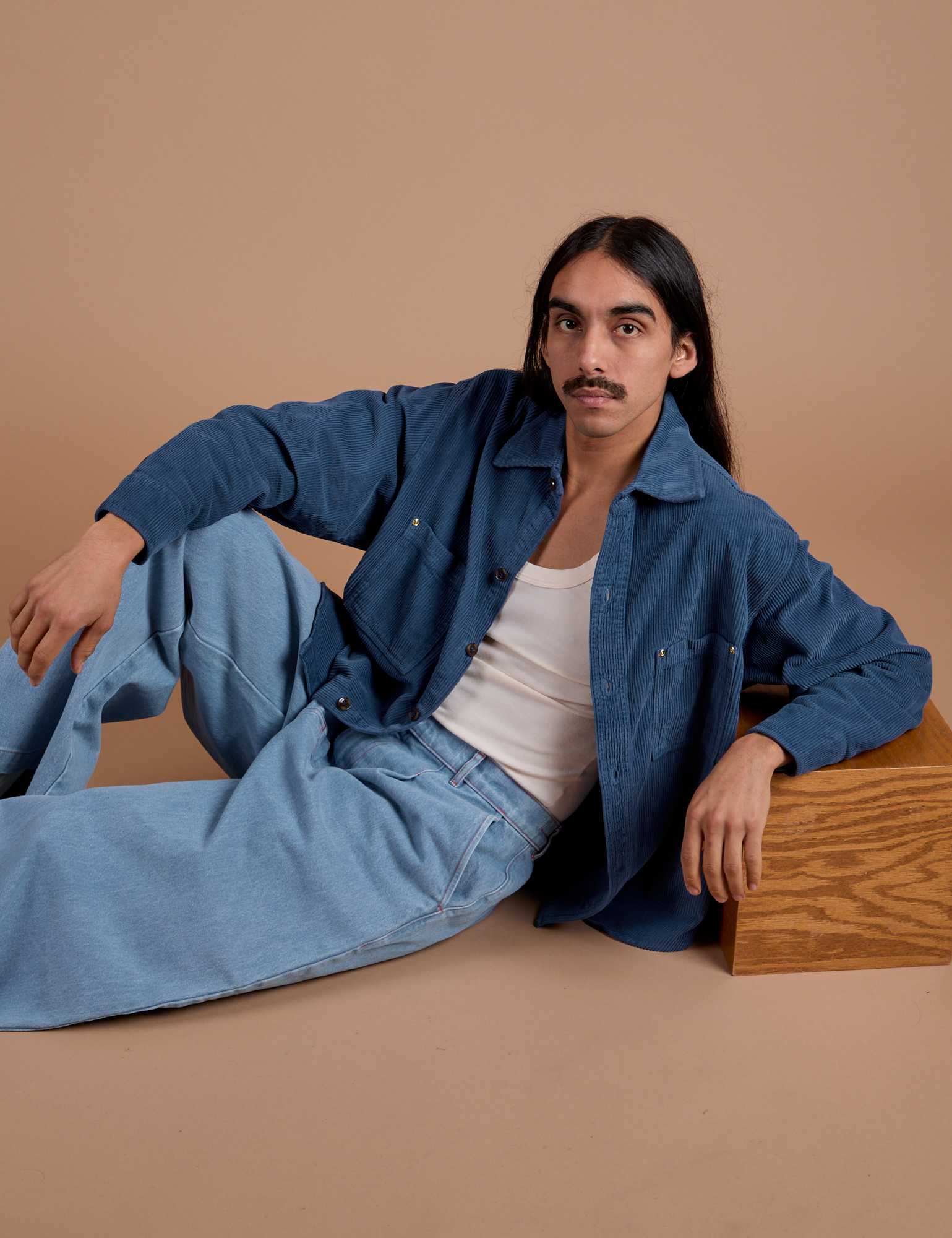 Anthony is wearing Cropped Corduroy Overshirt in French Blue