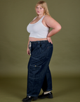 Side view of Denim Drop Pocket Pants in Dark Wash and Cropped Tank in Vintage Tee White on Juliet