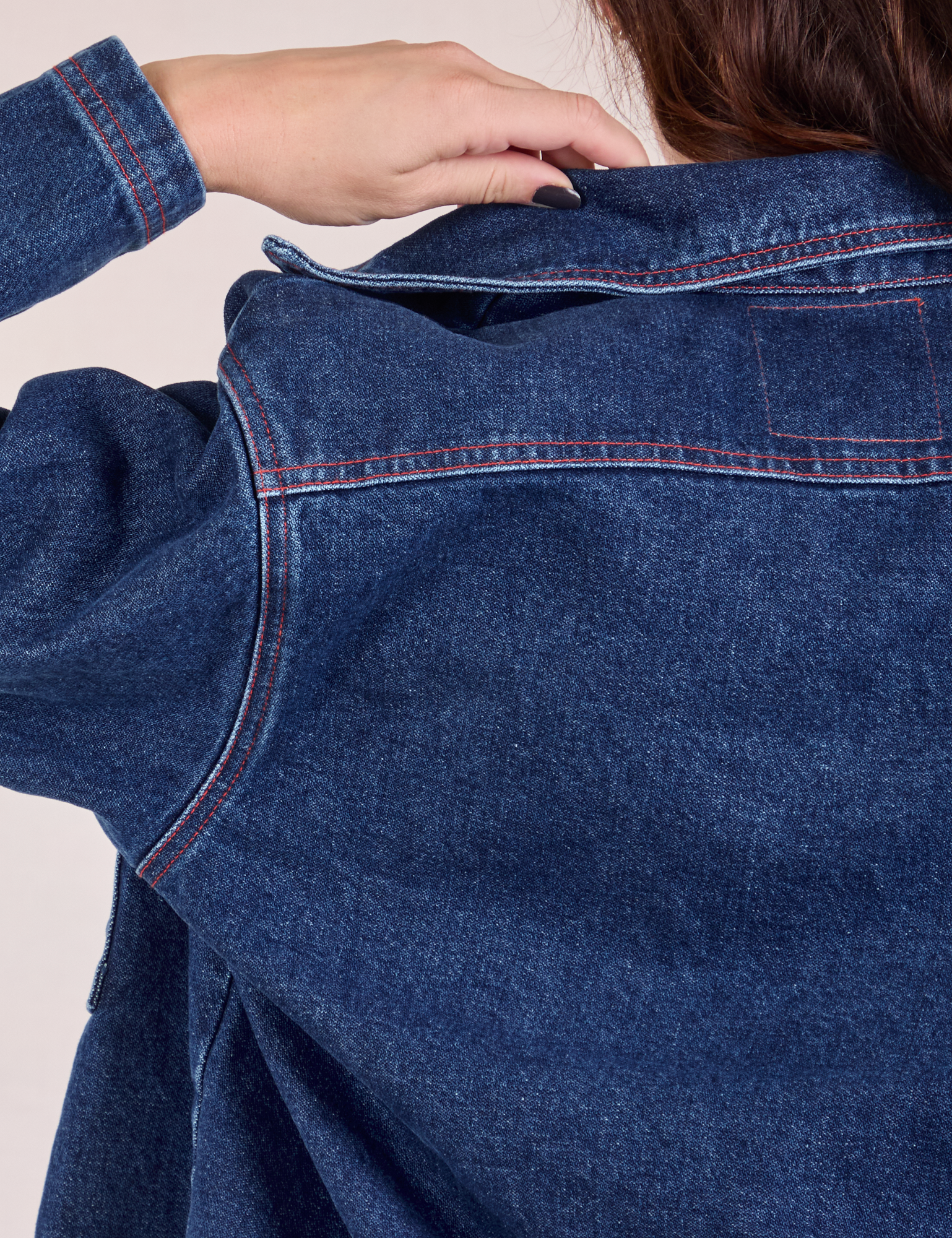 Denim Overshirt in Dark Wash back shoulder close up on Alex