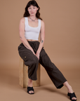Drop Pocket Cargo Pants in Espresso Brown and vintage tee white Cropped Tank on Alex