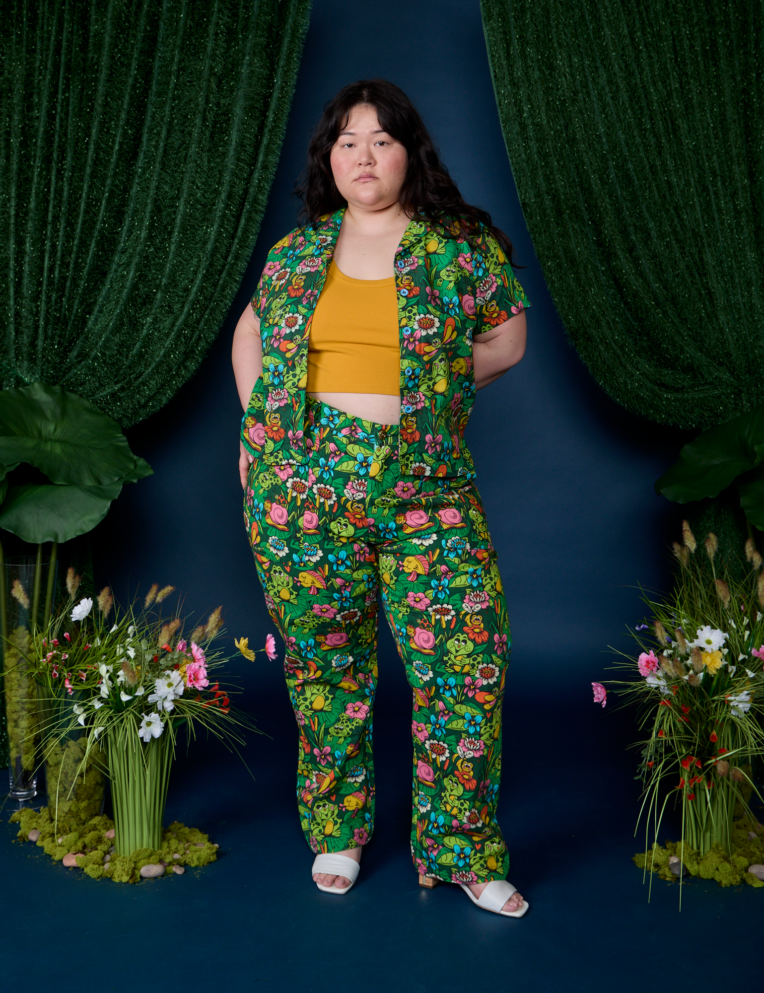 Ashley is wearing Pond Party Pantry Button-Up and matching Work Pants