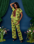 Kandia is 5'3" and wearing XS Paintstamped Work Pants in Froggy with matching Pantry Button-Up on Kandia