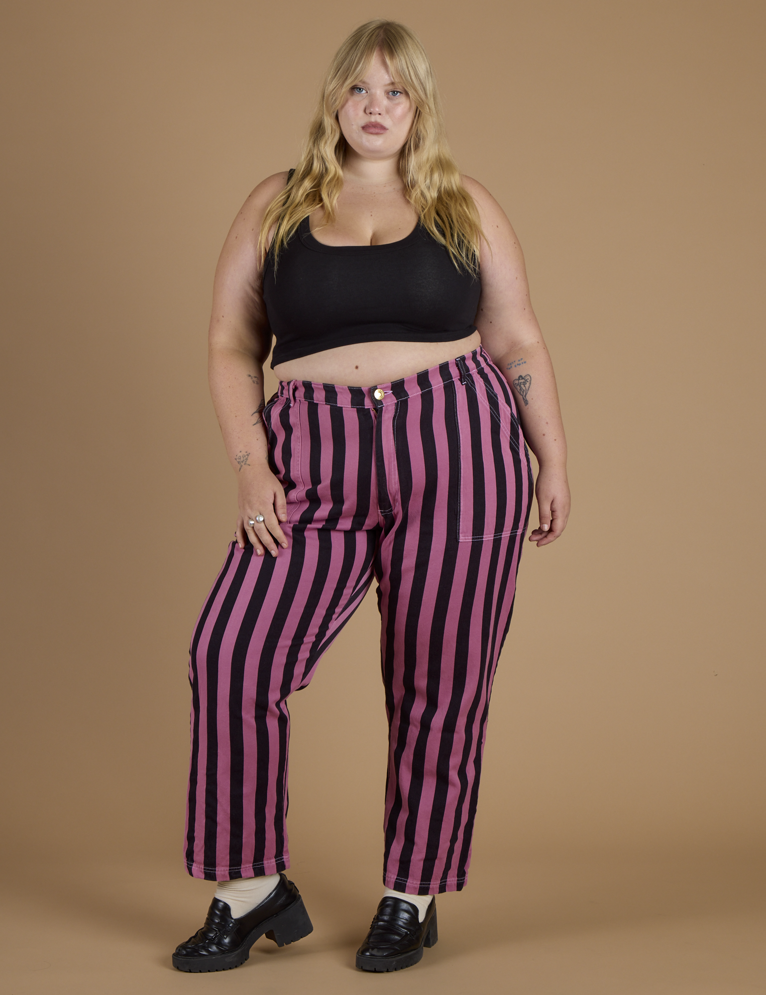 Black Stripe Work Pants - Bubblegum Pink