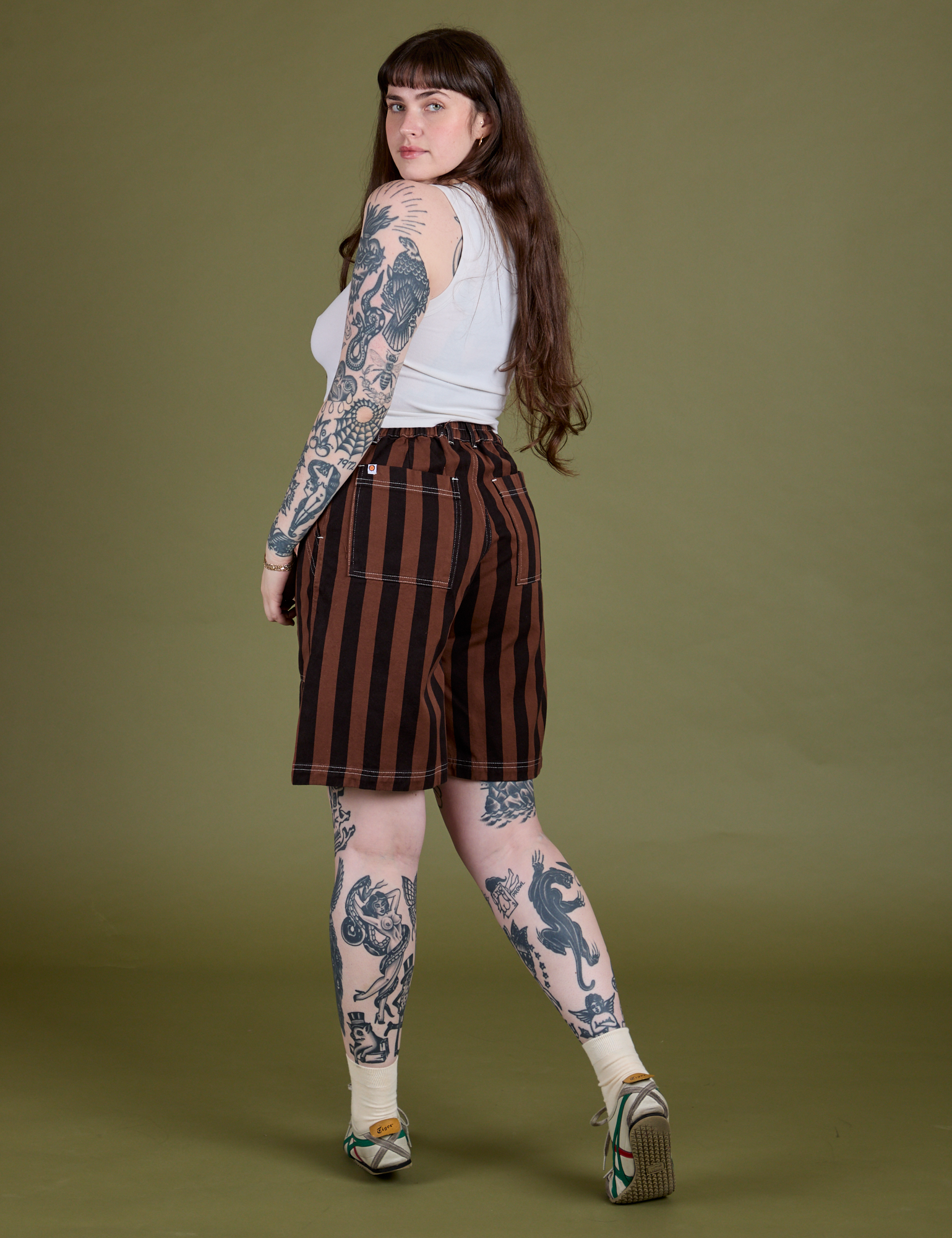 Longline Work Shorts in Fudgesicle Brown angled back view on Sydney