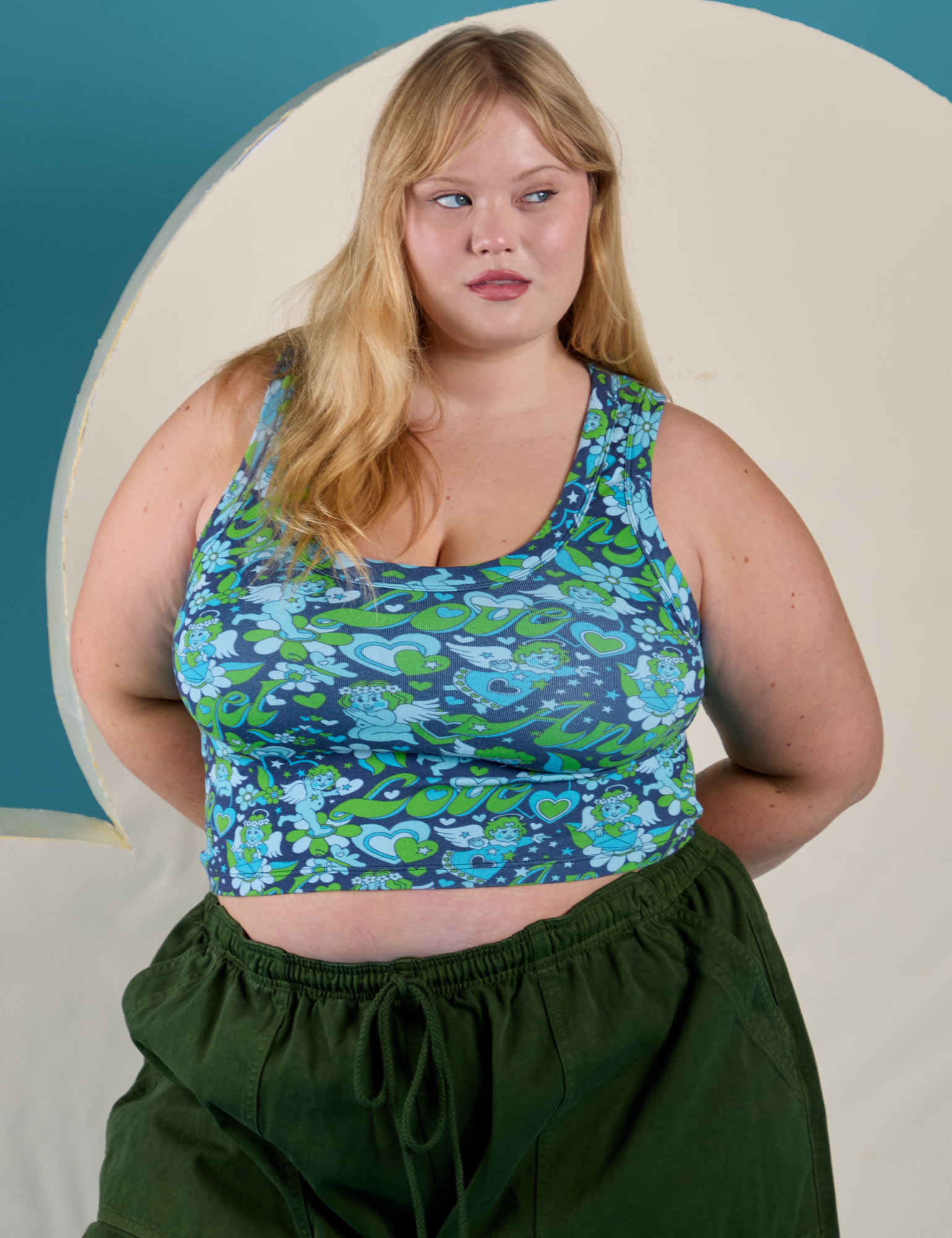 Cropped Tank Top in Angel Print worn by Juliet