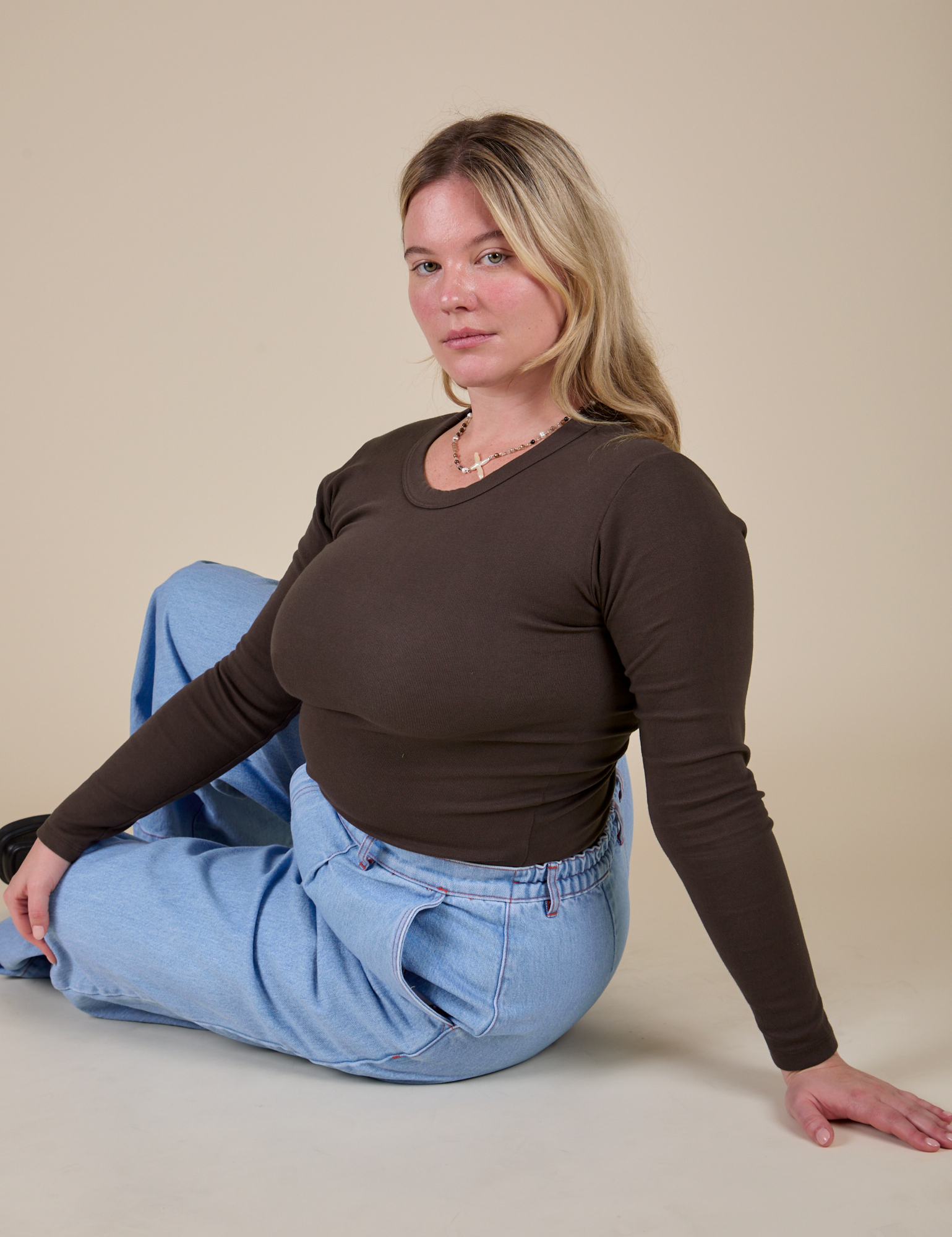 Long Sleeve Baby Tee in Espresso Brown worn by Lish