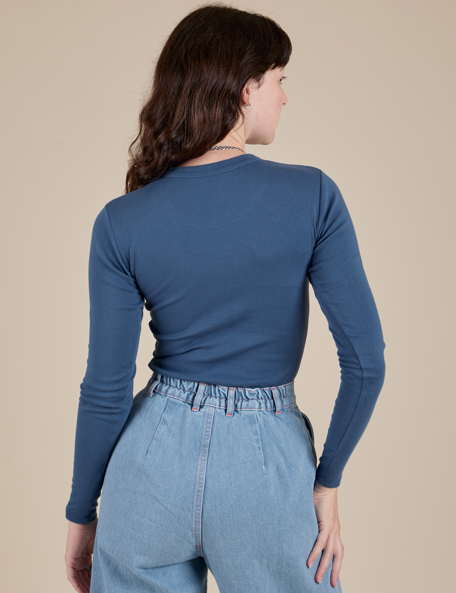 Long Sleeve Baby Tee in French Blue back view on Alex