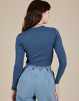 Long Sleeve Baby Tee in French Blue back view on Alex
