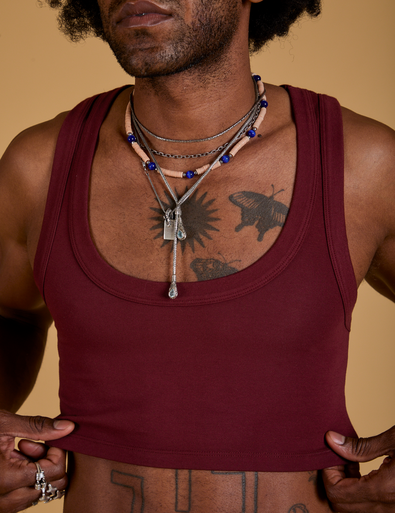 Mini Tank in Red Wine front close up on Jerrod