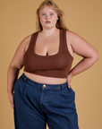 Juliet is 5’7” and wearing L Mini Tank in Fudgesicle Brown