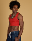 Contrast Stitch Mini Tank in Mustang Red angled front view on Jerrod