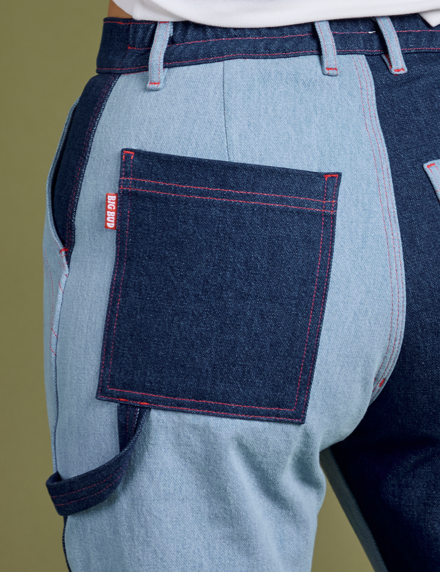 Close up back pocket of Mismatched Denim Carpenter Jeans on Tiara