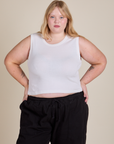 Juliet is 5'7" and wearing L Muscle Tee in Vintage Tee White