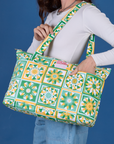 Spring Quilt Printed XL Zip Tote worn over shoulder of model