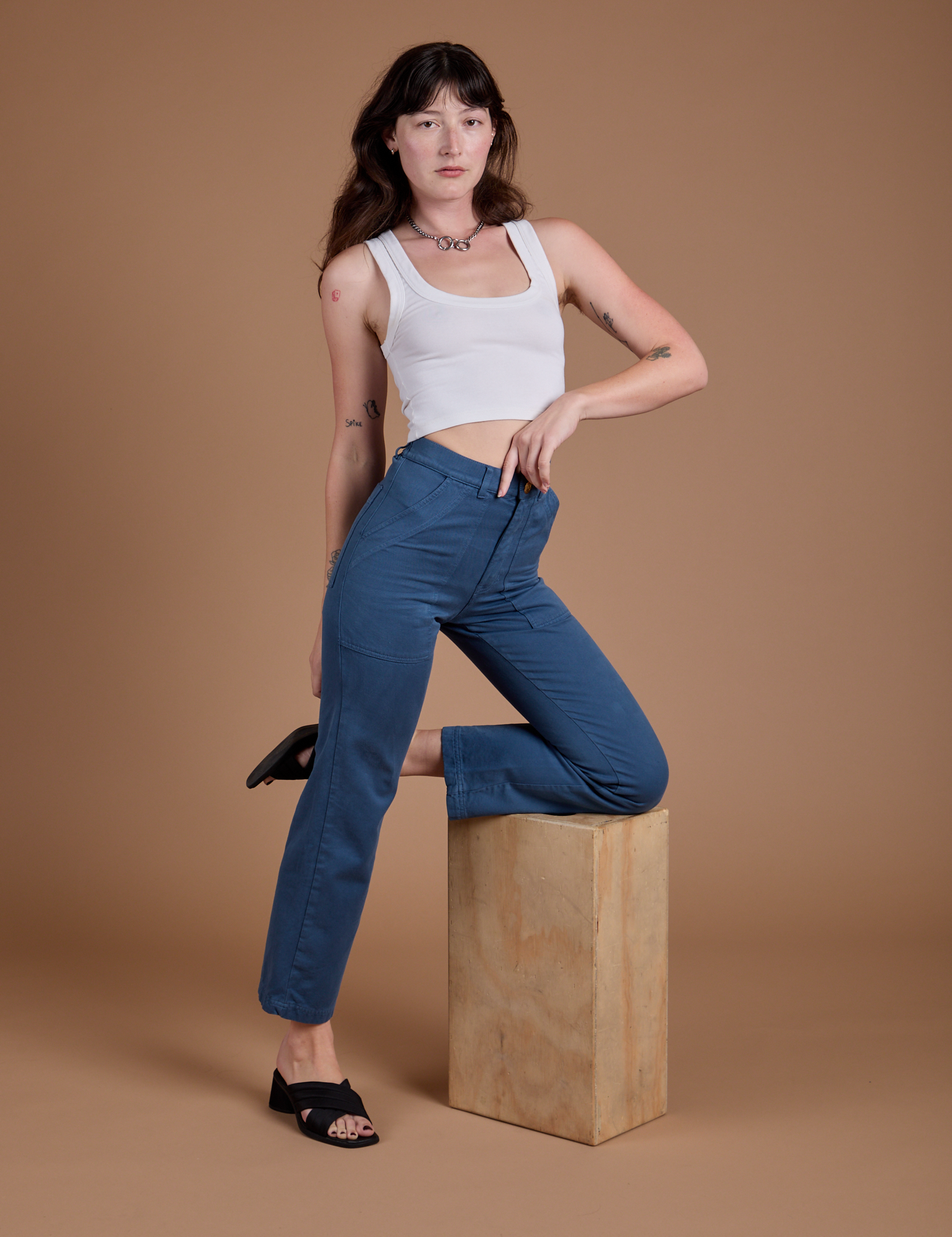 Organic Work Pants in French Blue and vintage tee white worn by Alex