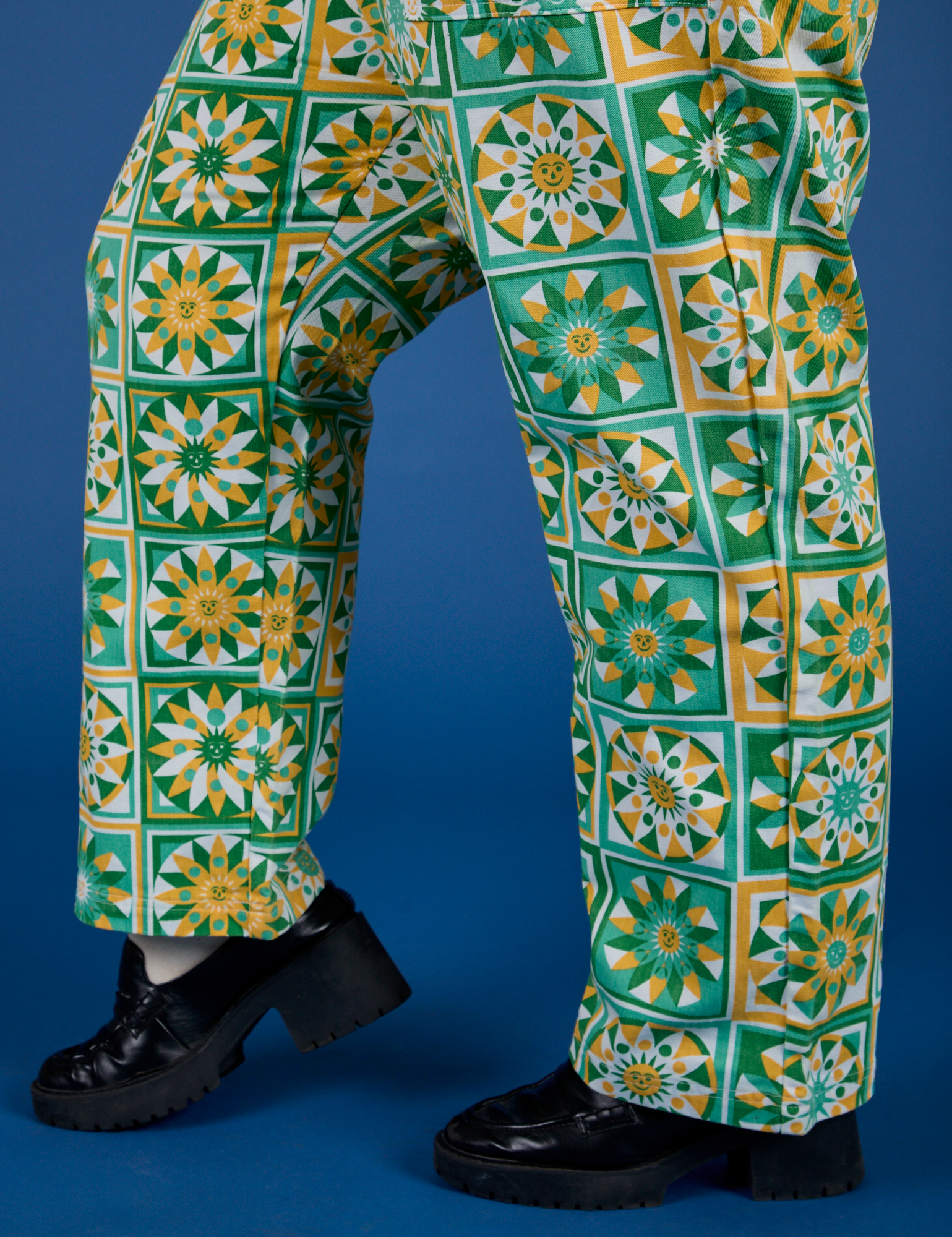 Side view close up of Work Pants in Spring Quilt Print pant legs