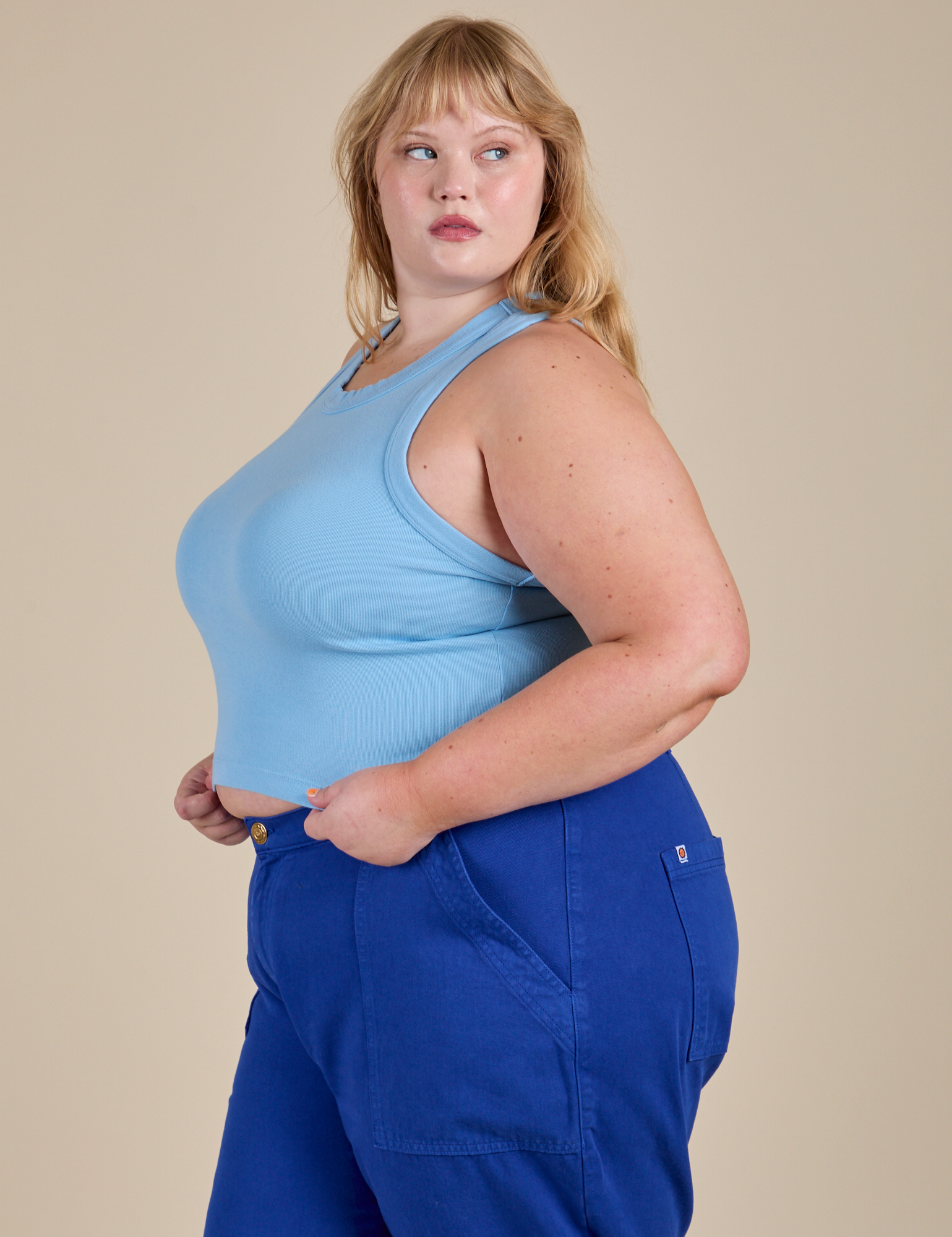  Racerback Tank in Baby Blue angled front view on Juliet