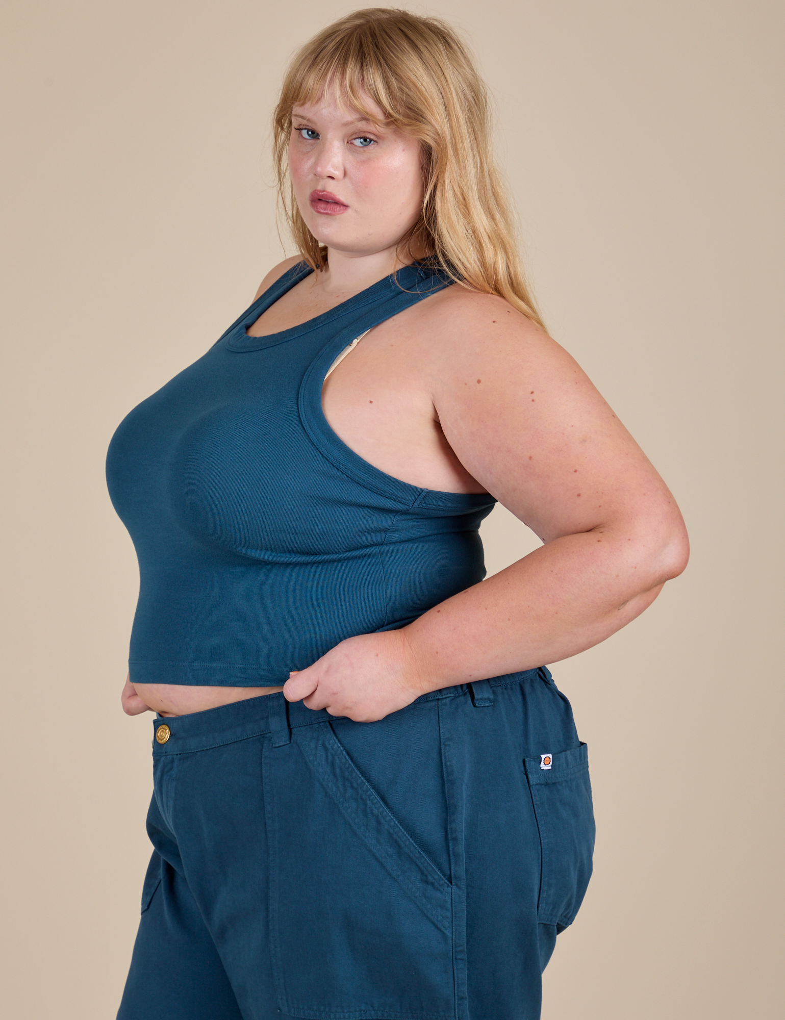 Racerback Tank in Lagoon side view on Juliet