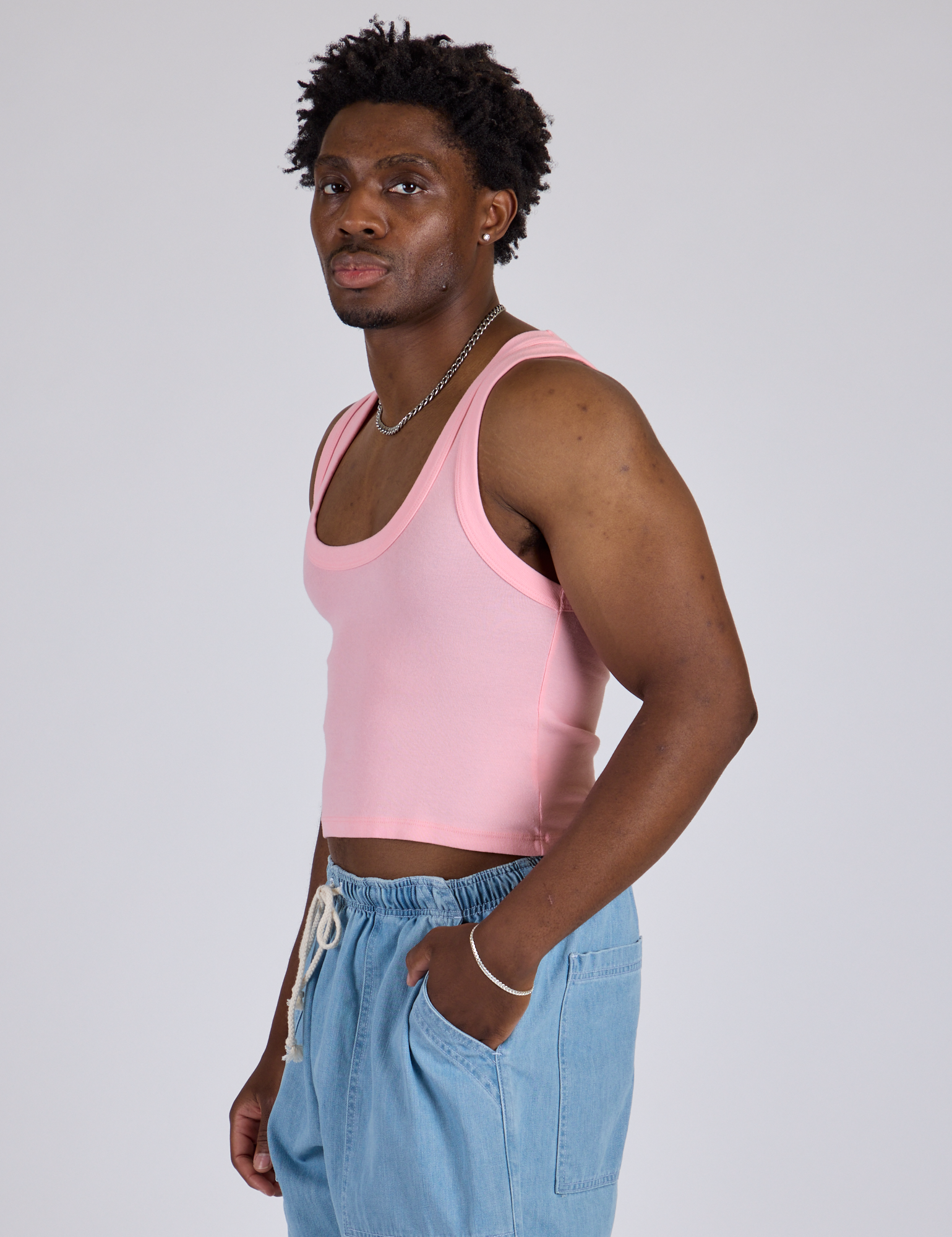 Cropped Tank Top in Baby Pink side view on Isaac
