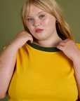 Vintage Ringer Tee in Sunshine Yellow front close up on Juliet