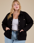 Juliet is 5'8" and wearing L Work Jacket in Basic Black