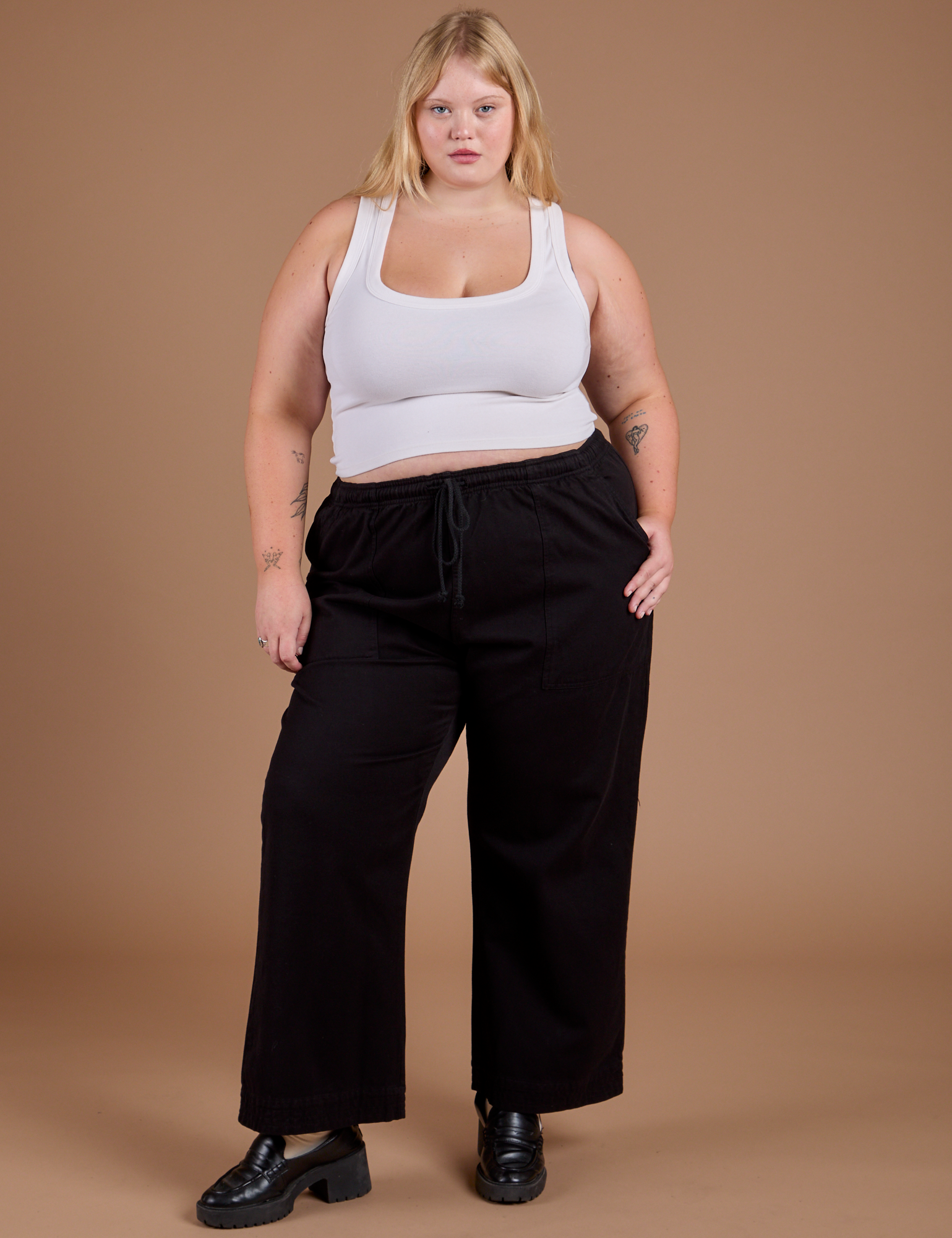 Organic Action Pants in Basic Black and vintage tee white Cropped Tank on Juliet