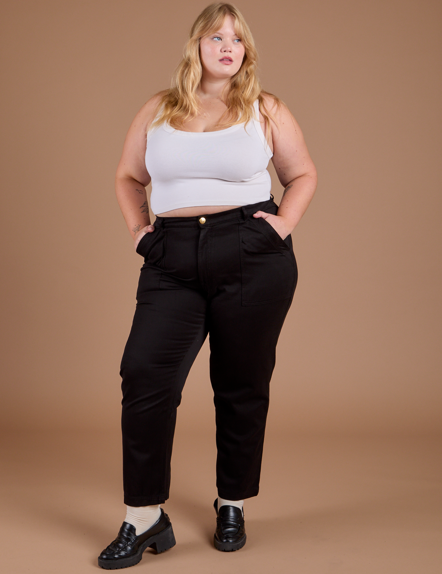 Organic Work Pants in Basic Black and vintage tee white Cropped Tank on Juliet