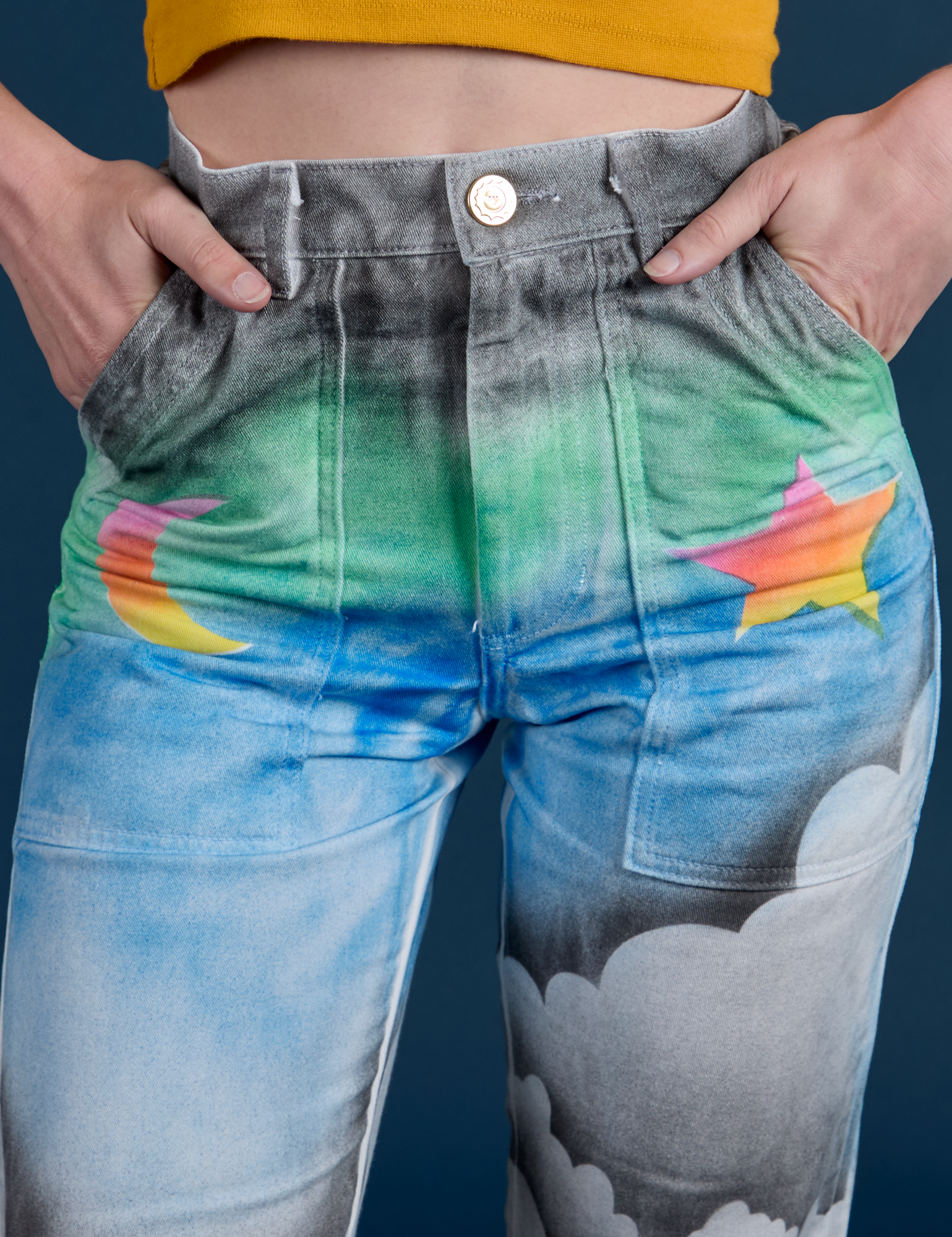 Work Pants in Night Sky Airbrush front close up with Alex's hands in the front pockets