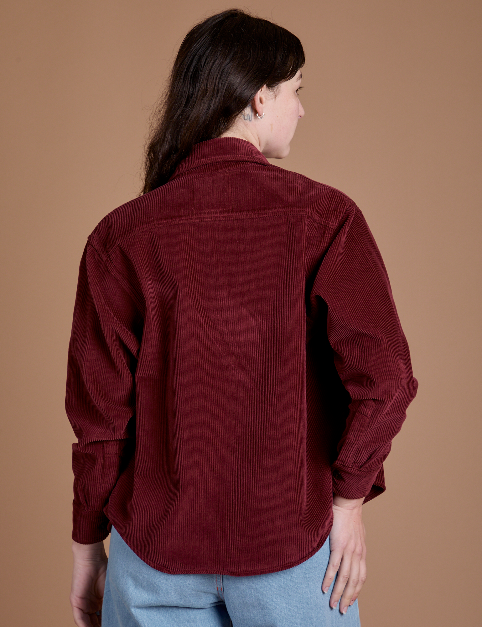 Back view of Cropped Corduroy Overshirt in Red Wine on Alex