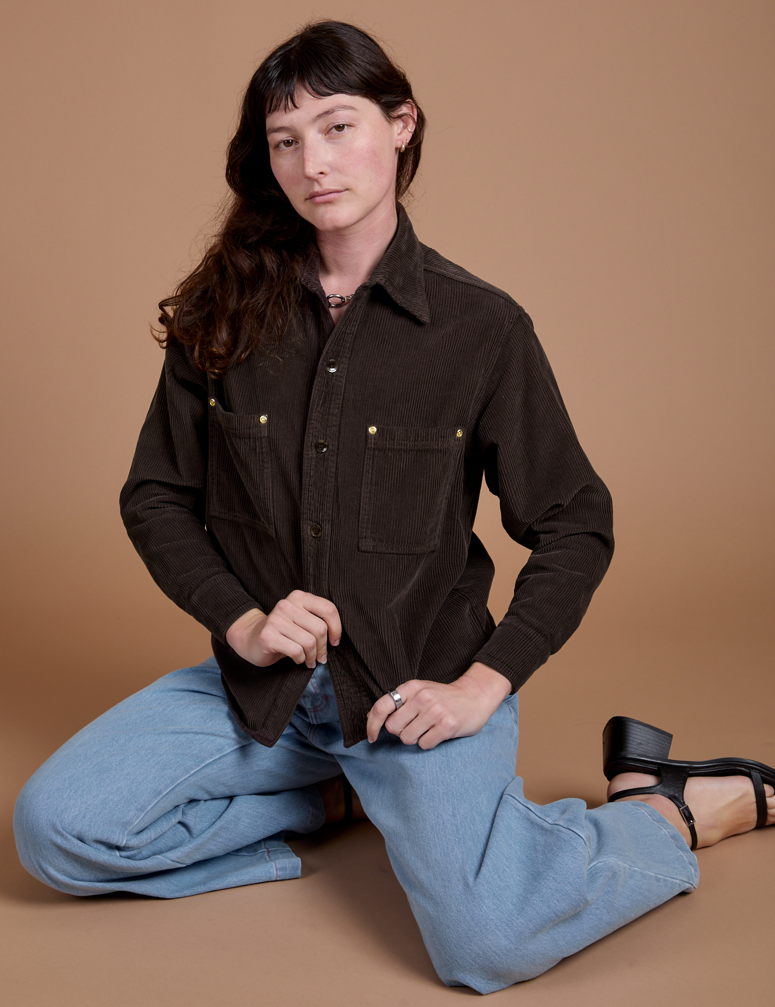 Cropped Corduroy Overshirt in Espresso Brown worn by Alex