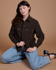 Cropped Corduroy Overshirt in Espresso Brown worn by Alex
