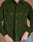 Cropped Corduroy Overshirt in Evergreen close up on Alex