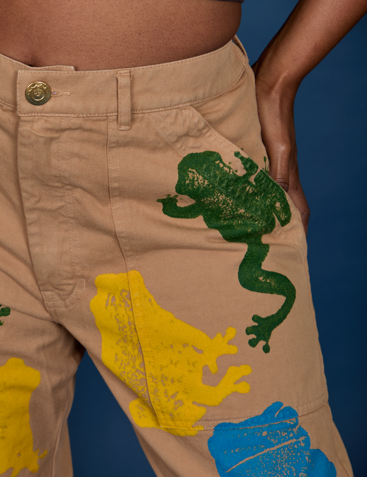 Paintstamped Work Pants in Froggy front close up on Kandia