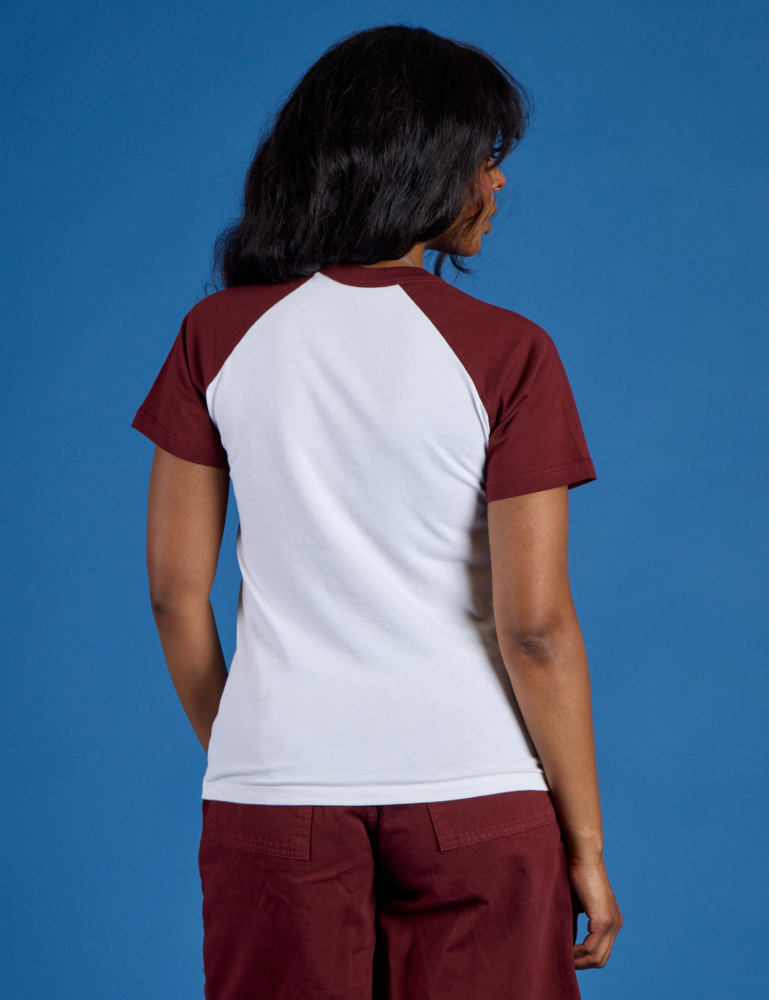 Back view of Produce Raglan Tee in Strawberry on Kandia