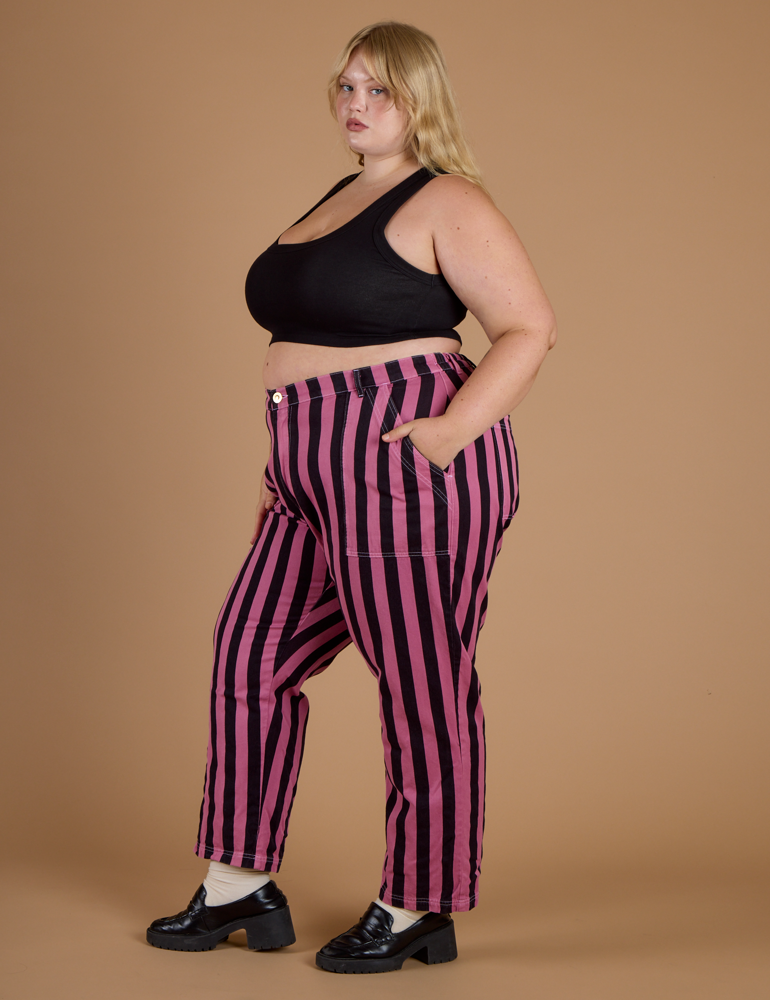 Black Stripe Work Pants - Bubblegum Pink